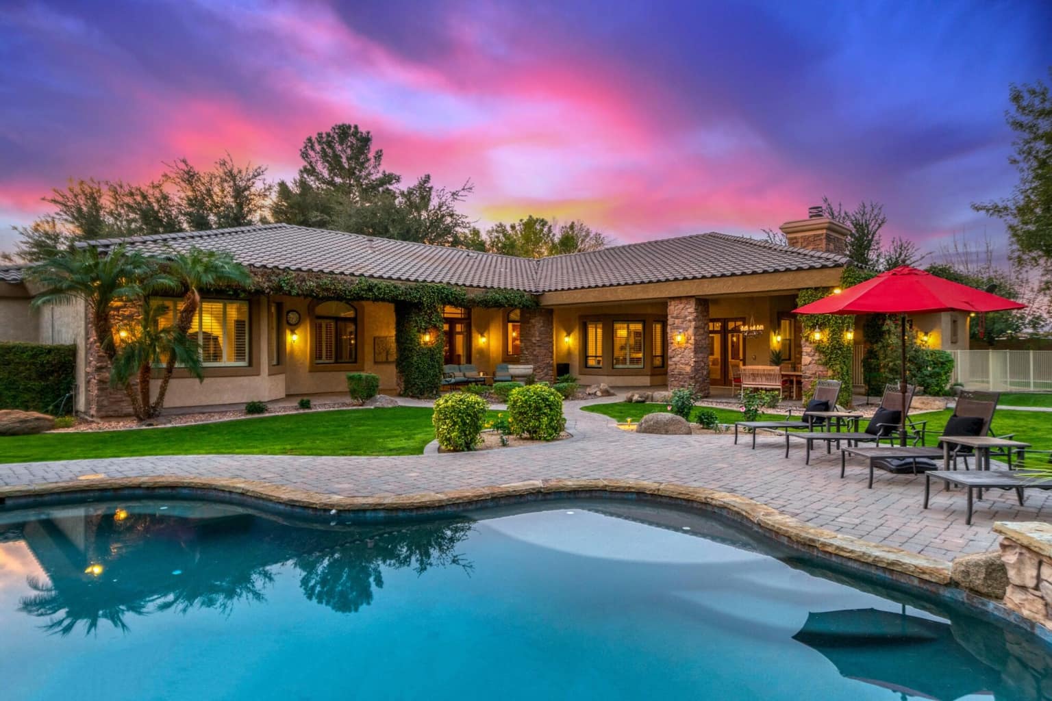 A managed pool home at dusk in the Coachella Valley