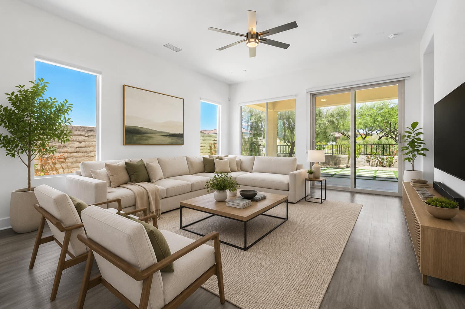 Bright staged living room in a Coachella Valley rental home